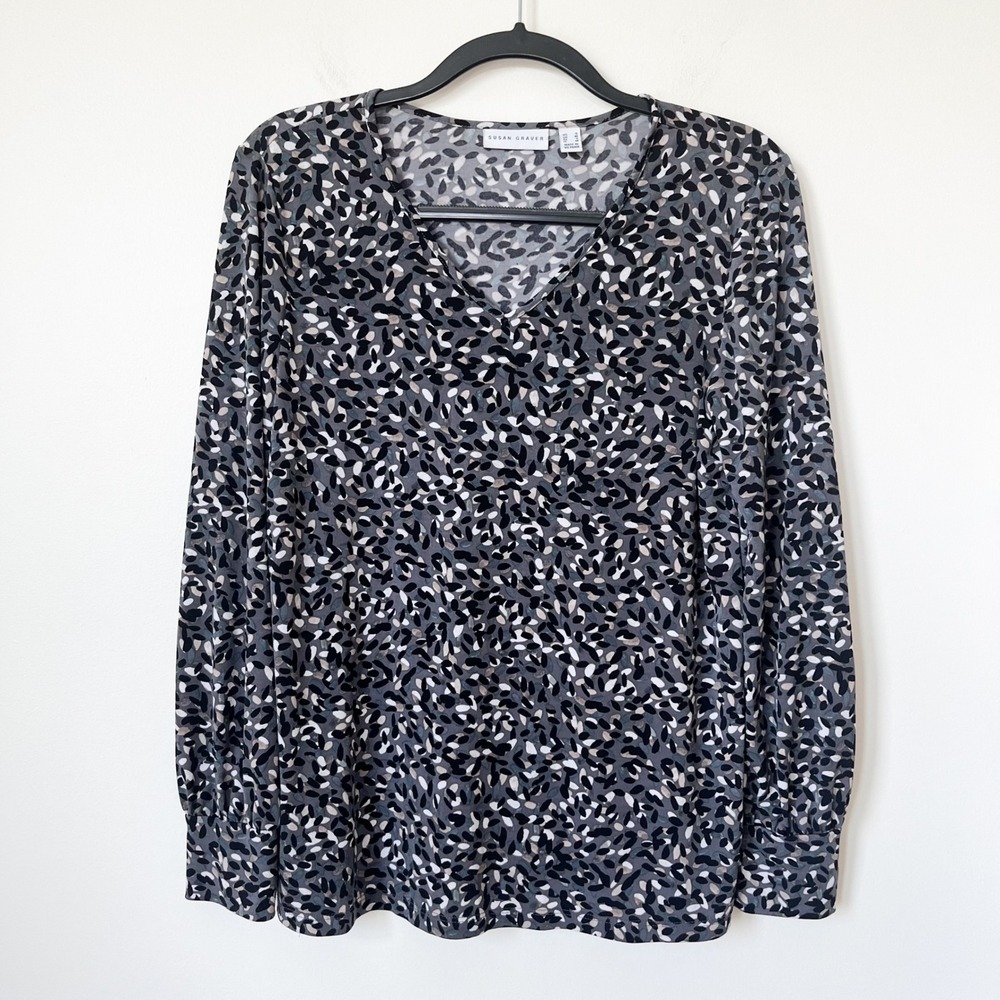 Susan Graver Liquid Knit V-Neck Print Top Womens Small Gray‎ Black White Office